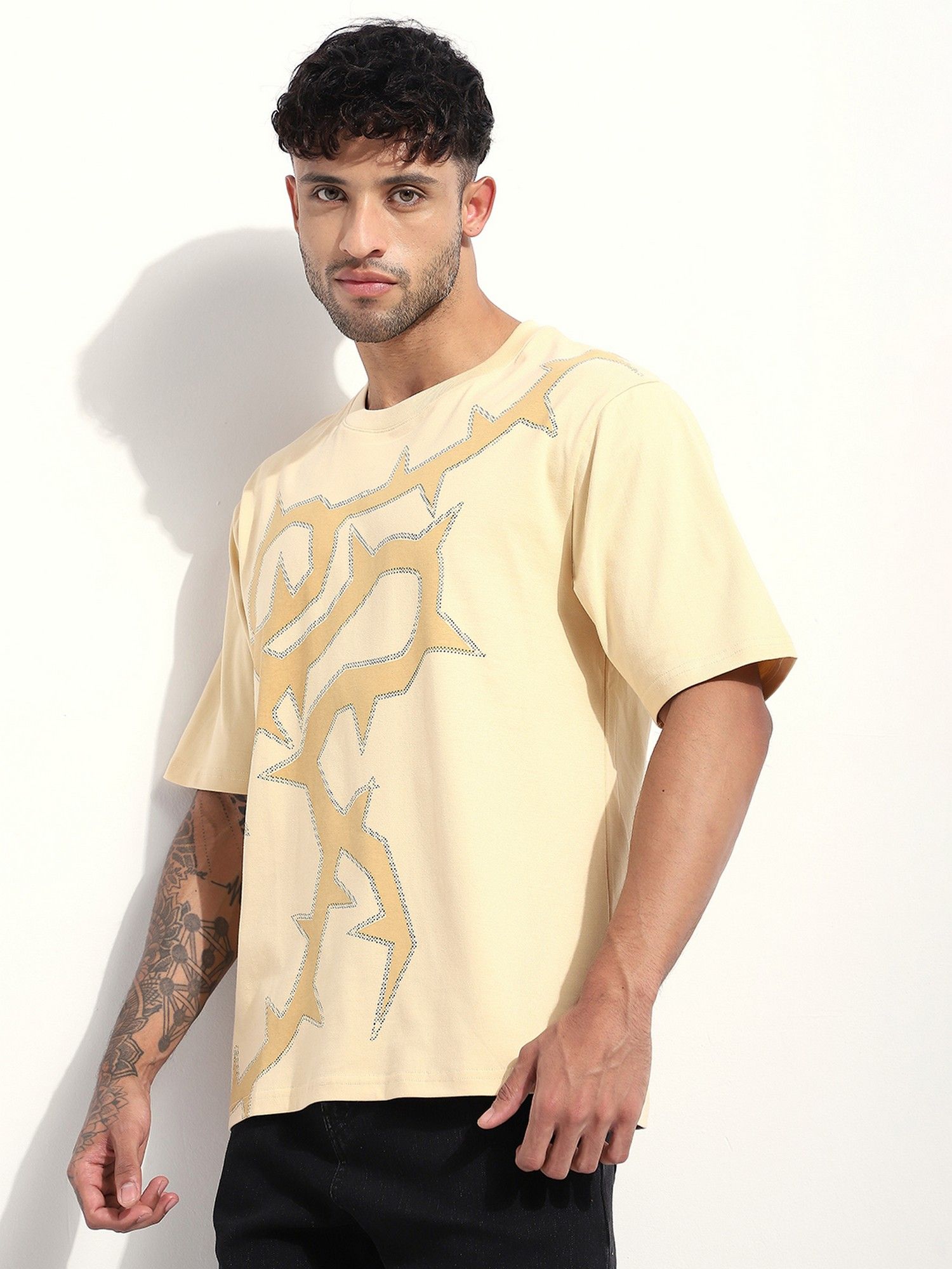 Beige Men Oversized Printed T-Shirt