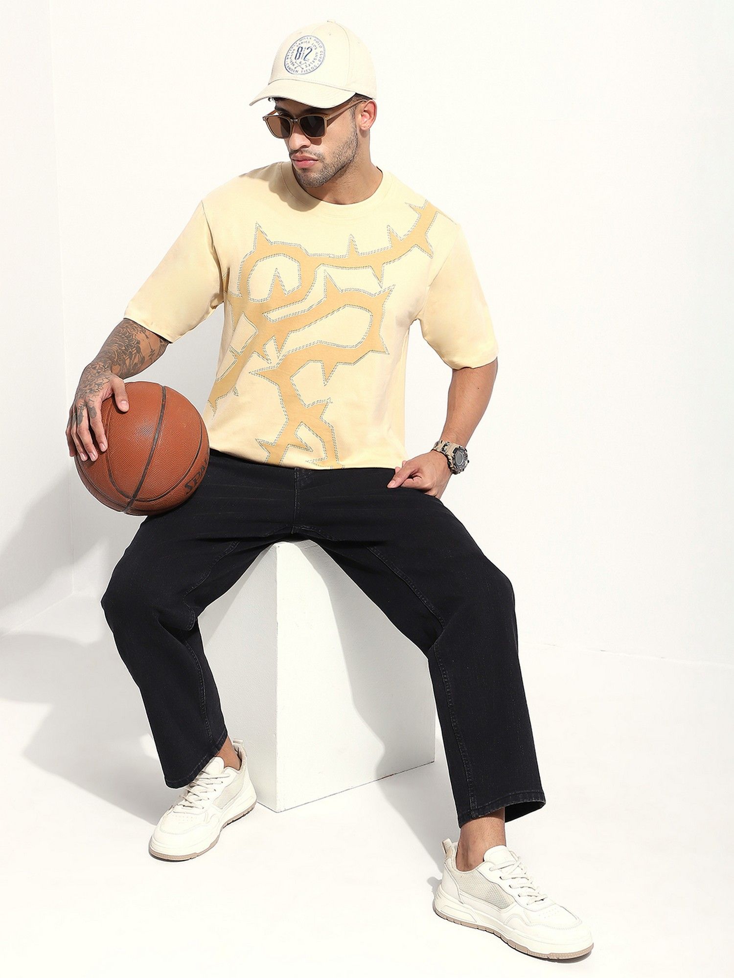 Beige Men Oversized Printed T-Shirt