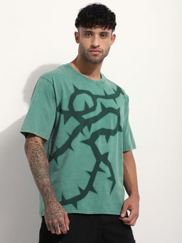 Difference of Opinion - Green Men Acid Washed Oversized Printed T-Shirt