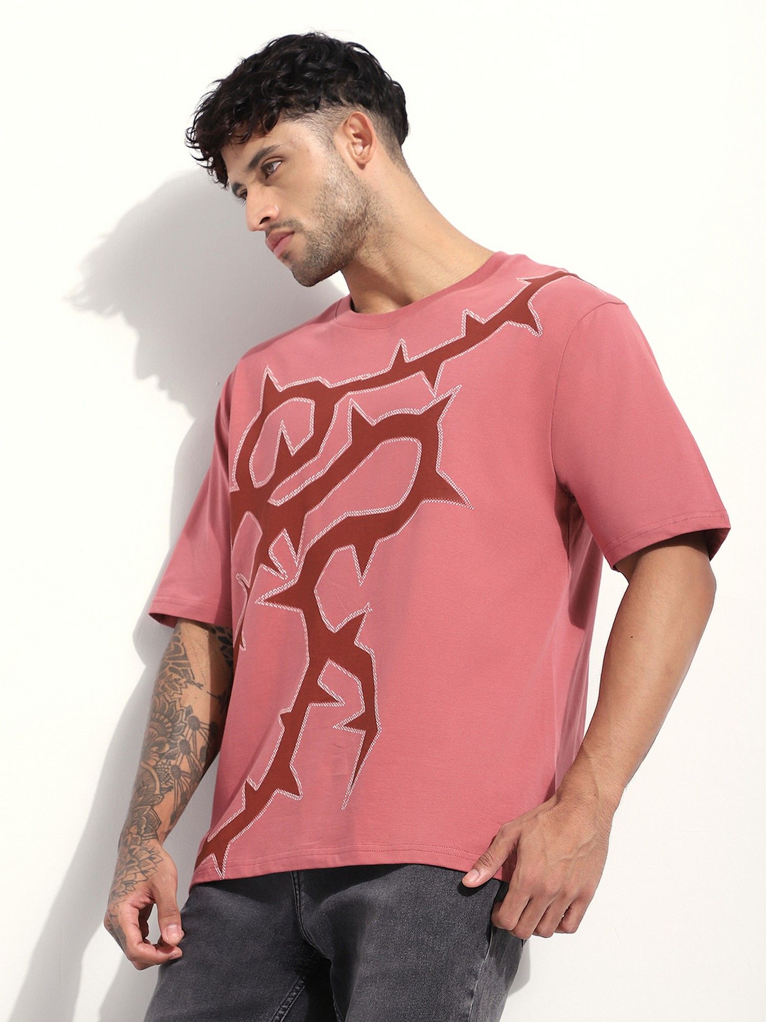 Mauve Men Oversized Printed T-Shirt