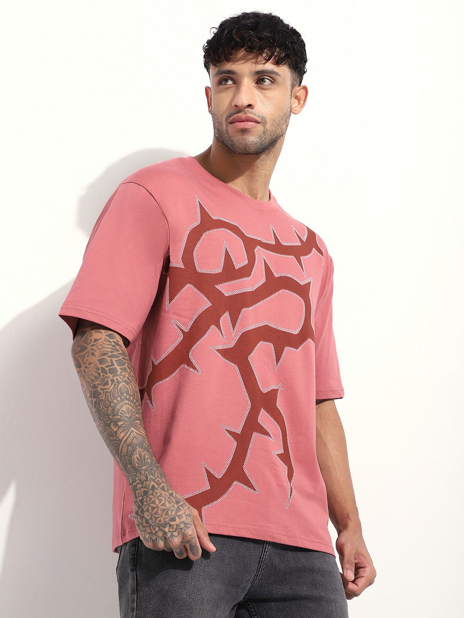 Mauve Men Oversized Printed T-Shirt
