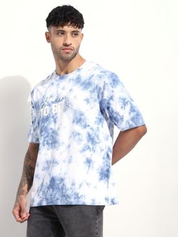 Difference of Opinion - Men Oversized Blue Tie and Dye Printed T-Shirt