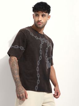 Difference of Opinion - Men Black Acid Washed Oversized Printed T-Shirt