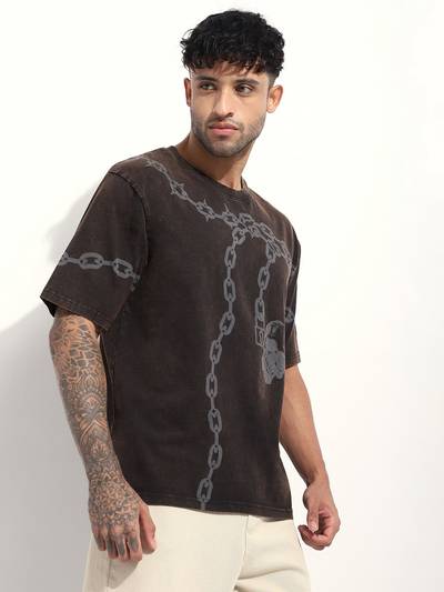 Men Black Acid Washed Oversized Printed T-Shirt
