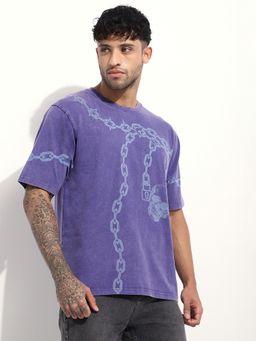 Difference of Opinion - Men Navy Blue Acid Washed Oversized Printed T-Shirt