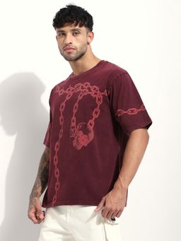 Difference of Opinion - Burgundy Men Acid Washed Oversized Printed T-Shirt