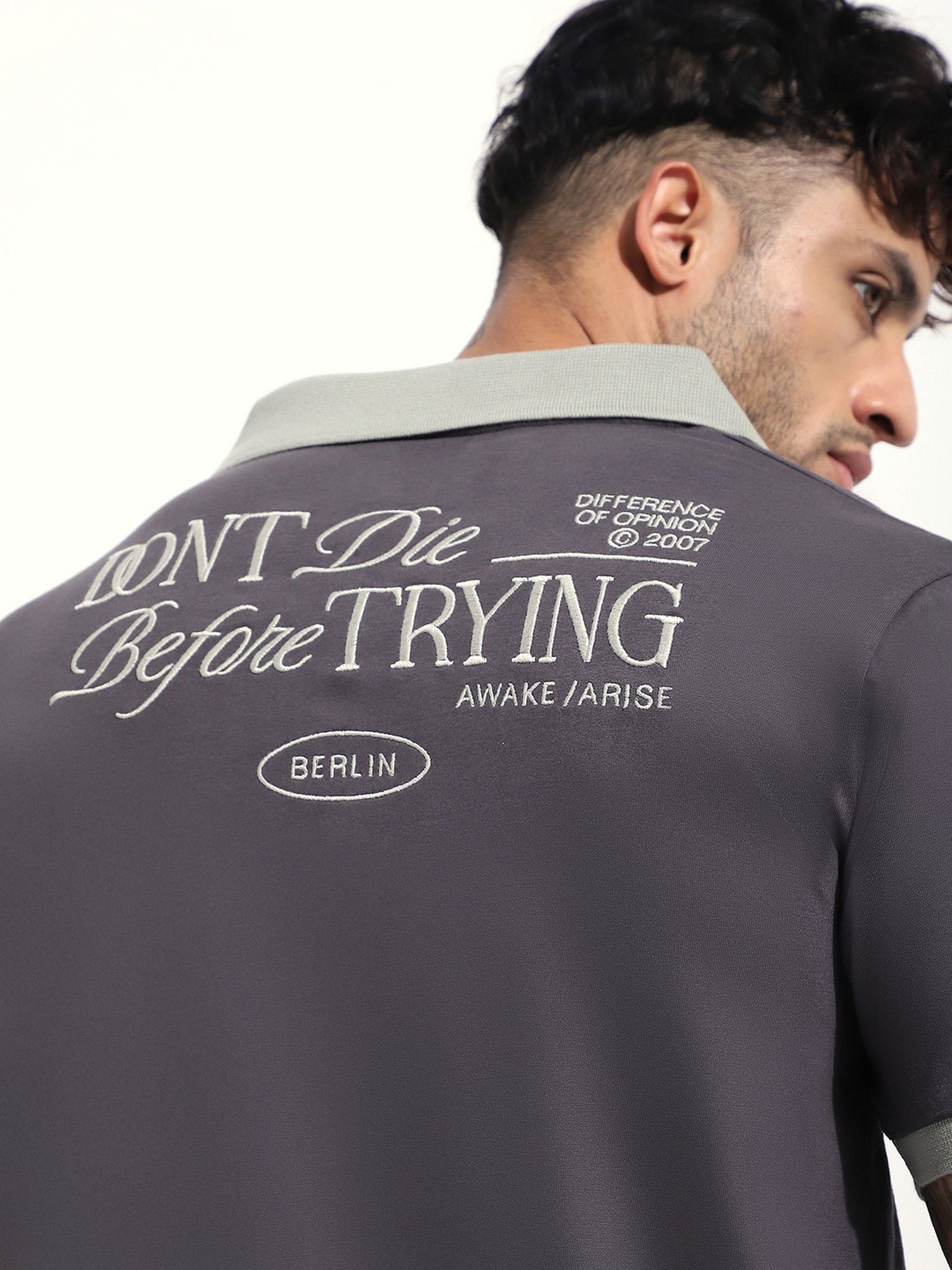 Grey Men Relaxed Fit Embroidery Polo T-Shirt