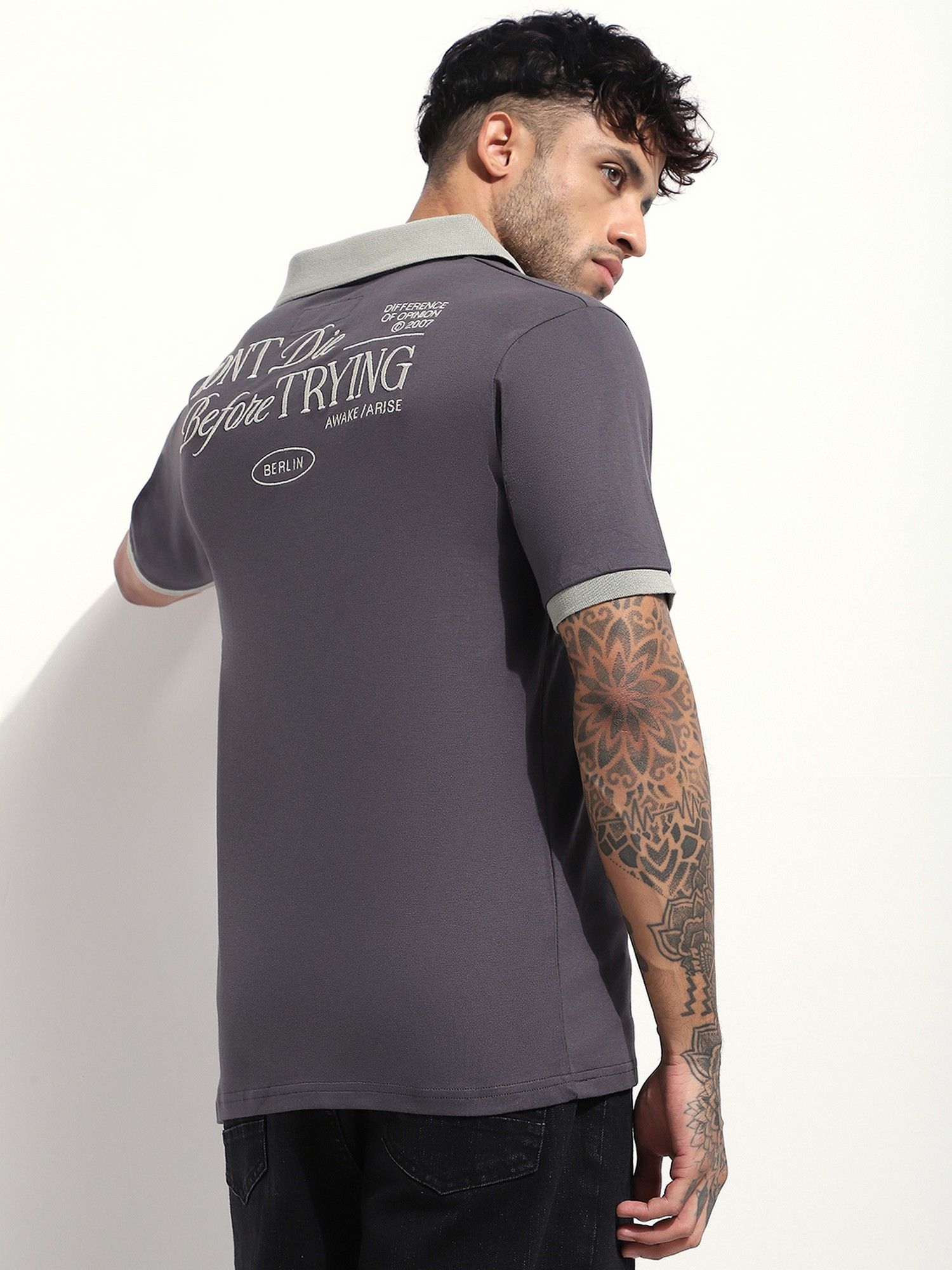 Grey Men Relaxed Fit Embroidery Polo T-Shirt
