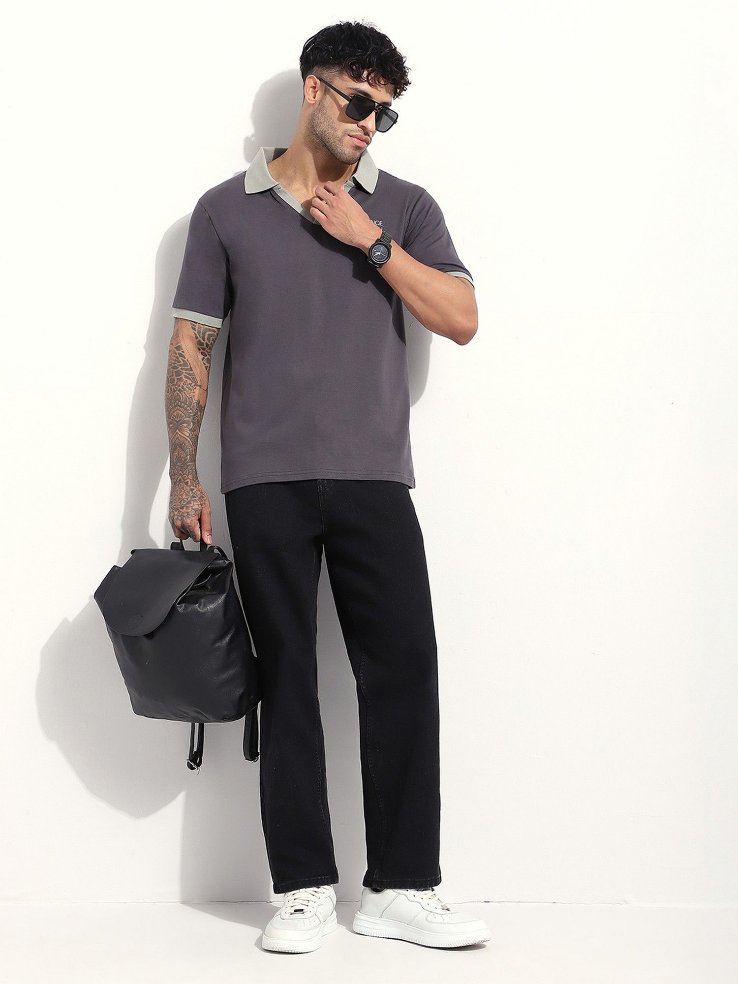 Grey Men Relaxed Fit Embroidery Polo T-Shirt