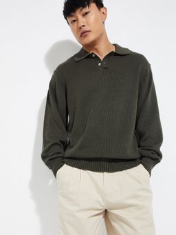 max - Olive Men Textured Sweater