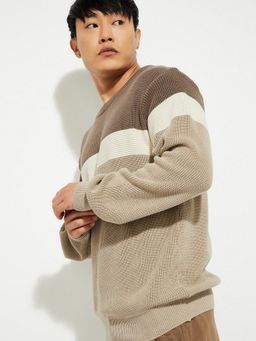 max - Beige Men Colourblock Sweater