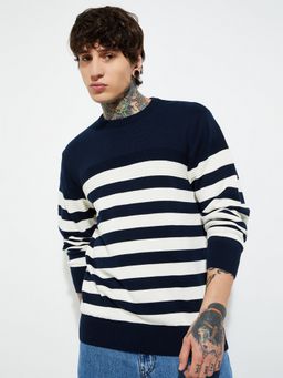 max - Navy Blue Men Knit Striped Sweater