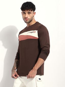 Difference of Opinion - Men Regular Fit Long Sleeve Cut and Sew Brown T-Shirt