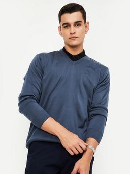 max - Blue Men Solid V-Neck Sweater