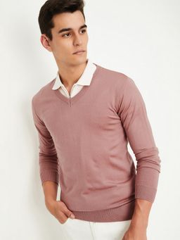 max - Pink Men Solid V-Neck Sweater