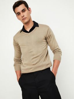 max - Beige Men Solid V-Neck Sweater