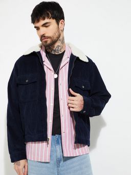 max - Navy Blue Men Sherpa Lined Corduroy Winter Jacket