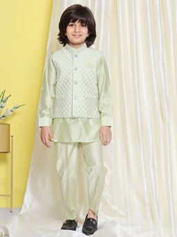 AJ Dezines - Boys Green Cotton Silk Embroidered Thread Work Kurta (Set of 3)