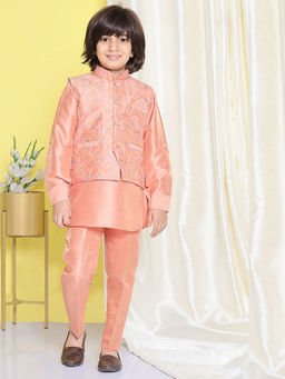 AJ Dezines - Boys Peach Raw Silk Embroidered Kurta (Set of 3)