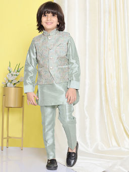 AJ Dezines - Boys Green Raw Silk Embroidered Kurta (Set of 3)