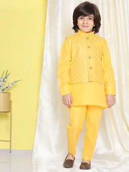 AJ Dezines - Boys Mustard Cotton Embroidered Kurta Trouser with Waistcoat (Set of 3)