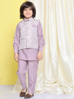 AJ Dezines - Boys Purple Cotton Blend Kurta Trouser with Waistcoat (Set of 3)