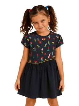 PILOLO - Navy Blue Printed Fashion Dress for Girls