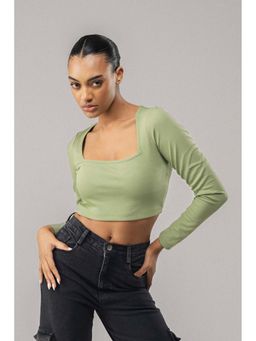 SOTBELLA - Sage Green Square Neck Full-Sleeve Crop Top