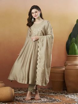 Gahan - Chiku Vicitra Silk Embroidered Anarkali Kurta and Pant with Dupatta