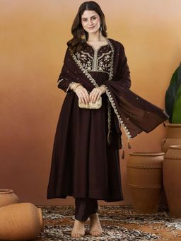 Gahan - Coffee Vicitra Silk Embroidered Anarkali Kurta and Pant with Dupatta