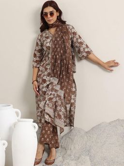 Gahan - Brown Magic Cotton Printed Straight Kurta and Pant with Dupatta