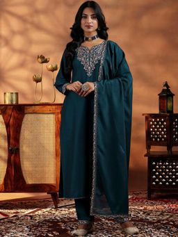 Gahan - Petrol Vicitra Embroidered A-Line Kurta and Pant with Dupatta