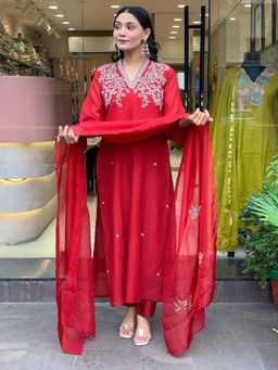 Gahan - Red Chanderi Embroidered A-Line Kurta and Pant with Dupatta