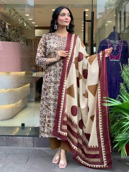 Gahan - Cream Cotton Printed A-Line Kurta and Pant with Dupatta