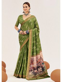 Gahan - Light Green Cotton Silk Ikkat Print Saree with Unstitched Blouse
