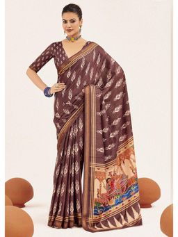 Gahan - Brown Cotton Silk Ikkat Print Saree with Unstitched Blouse