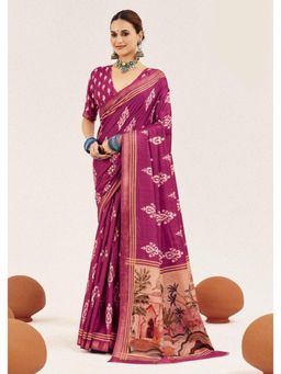 Gahan - Pink Cotton Silk Ikkat Print Saree with Unstitched Blouse