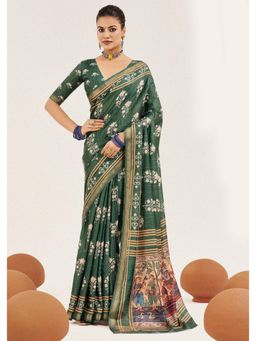Gahan - Green Cotton Silk Ikkat Print Saree with Unstitched Blouse