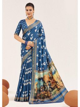 Gahan - Blue Cotton Silk Ikkat Print Saree with Unstitched Blouse