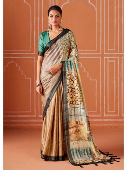 Gahan - Brown Gathan Silk Digital Printed Saree with Unstitched Blouse