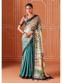 Gahan - Teal Gathan Silk Digital Abstract Printed Saree with Unstitched Blouse