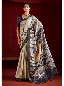 Gahan - Grey Gathan Silk Digital Abstract Printed Saree with Unstitched Blouse
