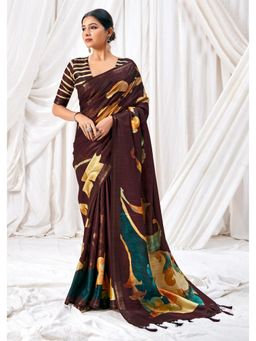 Gahan - Brown Gathan Silk Digital Abstract Printed Saree with Unstitched Blouse