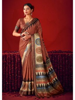Gahan - Rust Gathan Silk Digital Geometric Printed Saree with Unstitched Blouse
