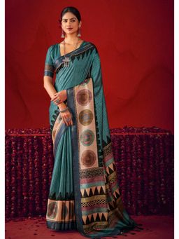 Gahan - Blue Gathan Silk Digital Geometric Printed Saree with Unstitched Blouse