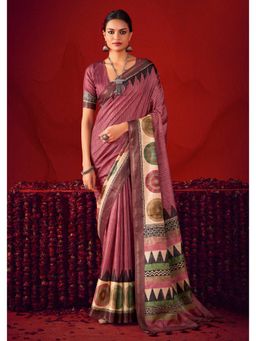 Gahan - Pink Gathan Silk Digital Geometric Printed Saree with Unstitched Blouse
