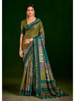 Gahan - Parrot Green Gathan Silk Digital Printed Saree with Unstitched Blouse