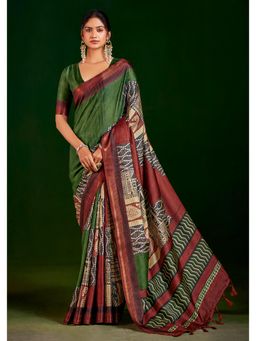 Gahan - Green Gathan Silk Digital Printed Saree with Unstitched Blouse