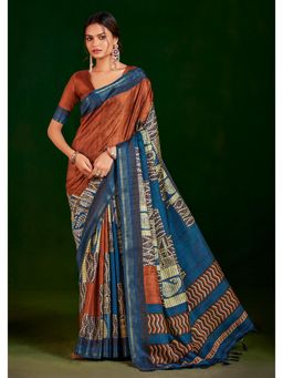 Gahan - Rust Gathan Silk Digital Printed Saree with Unstitched Blouse