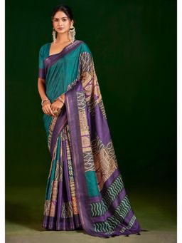 Gahan - Teal Gathan Silk Digital Printed Saree with Unstitched Blouse